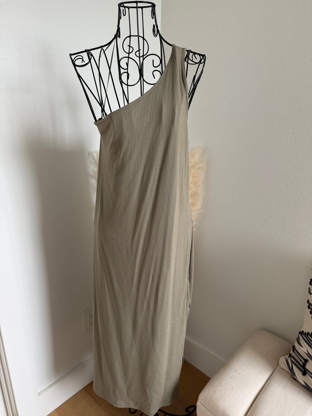 Banana Republic One Shoulder Olive Green Asymmetric Ribbed Midi Dress NWT Size L